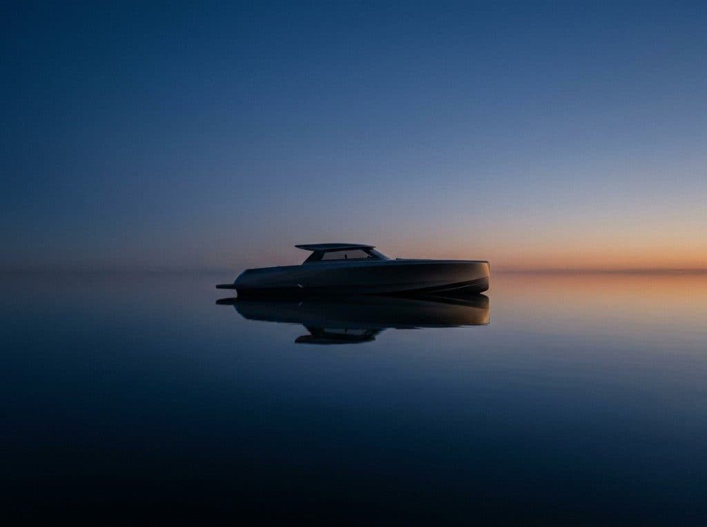 Custom motor yacht on still water at dusk