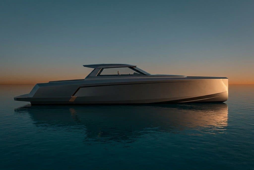 Design render of a motor yacht at sunset