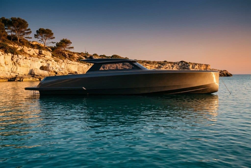 Motor yacht at anchor off a rocky coast