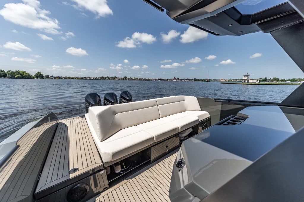 Aft deck with lounge seating during a sea trial