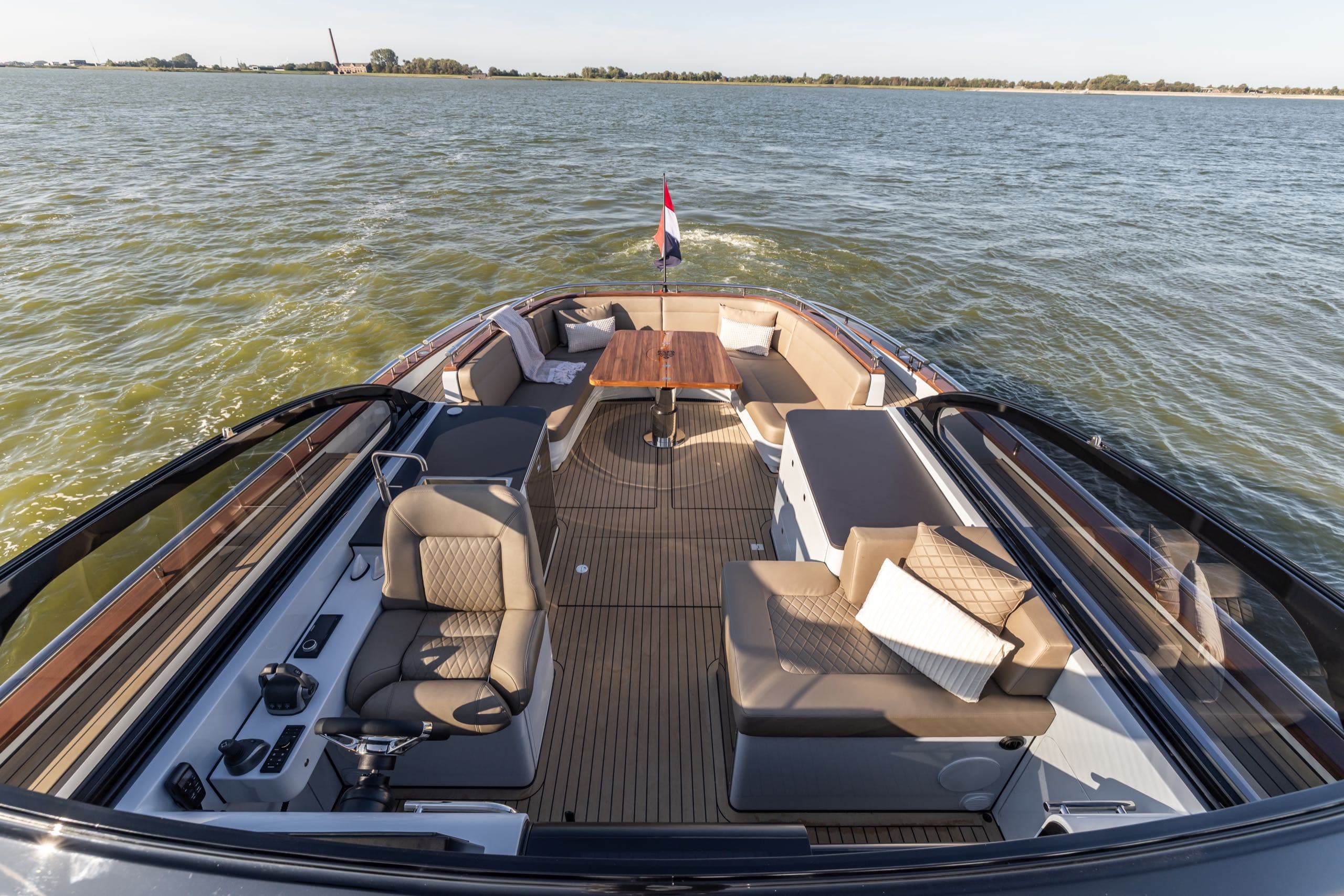 Cockpit of the Tristian 44 with built-in seating and concealed storage