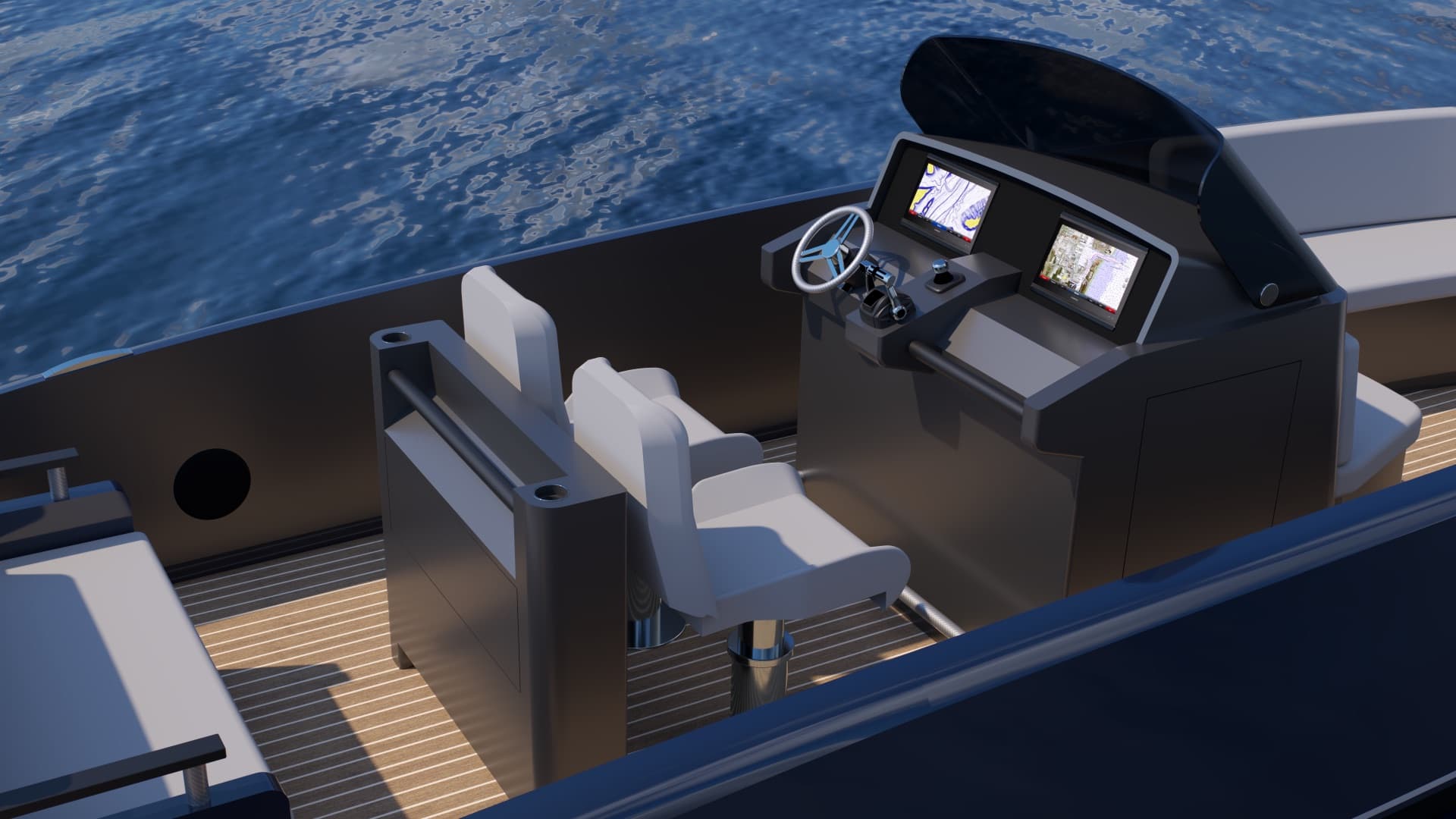 Centerconsole met stuurwiel en schermen