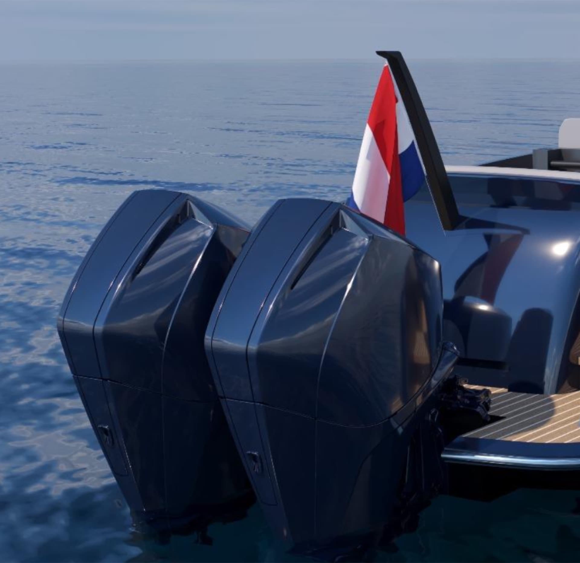 Twin Mercury outboards close up