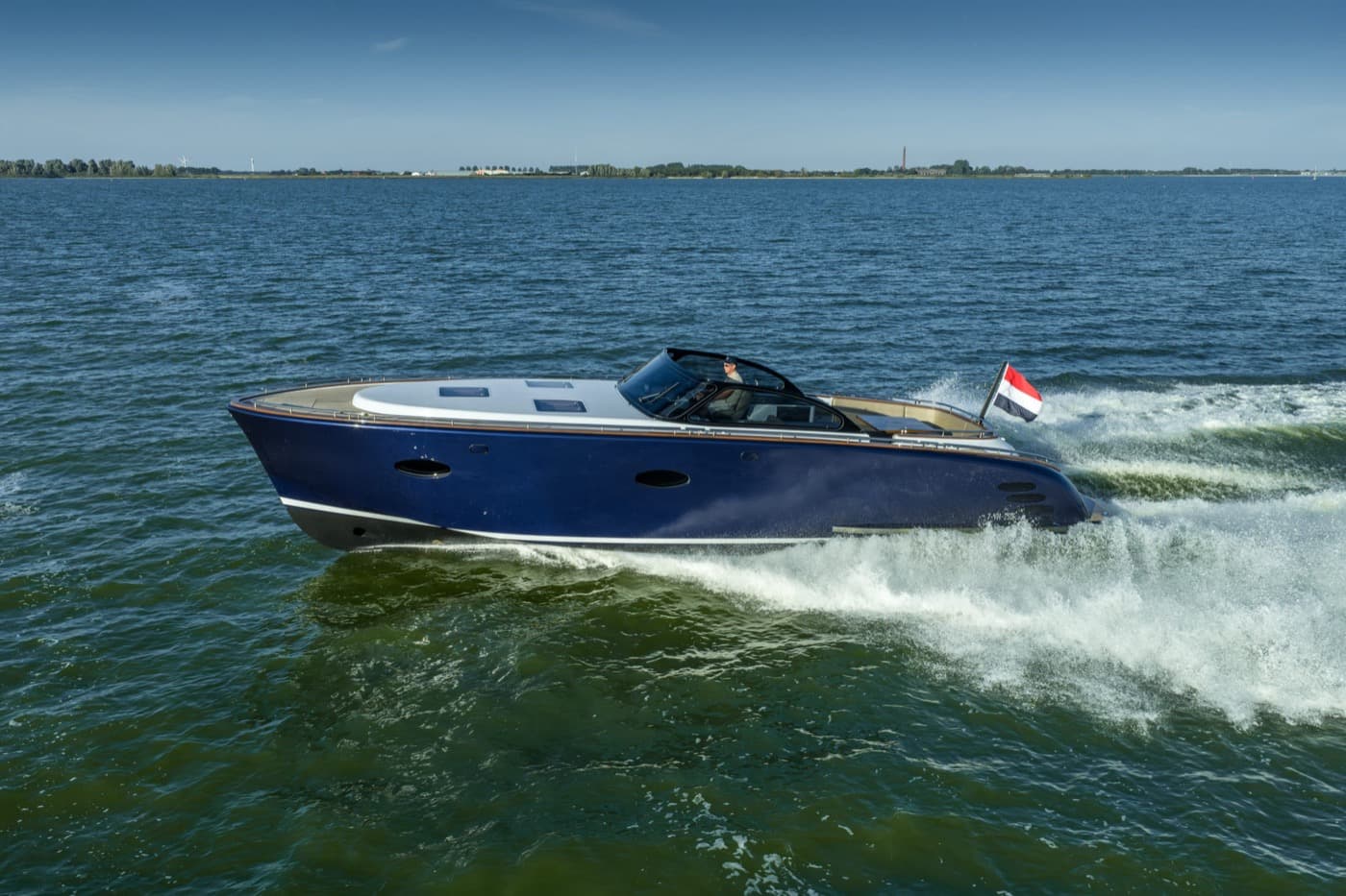Bow of the Tristian 44 with clean lines and no visible ground tackle