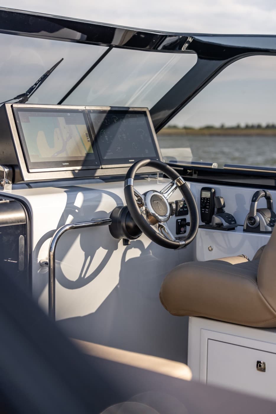 Helm with steering wheel and twin displays