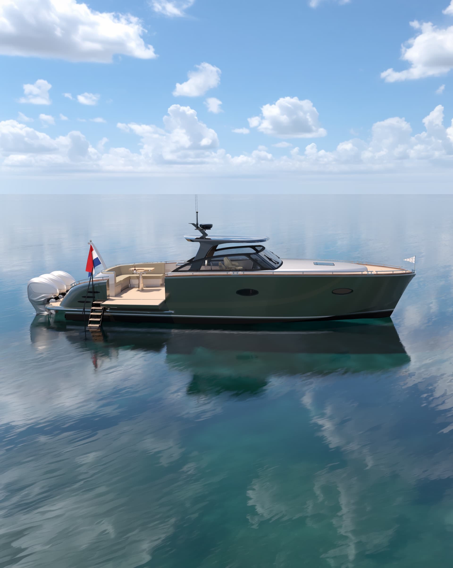Tristian 44 Outboard in green, side view