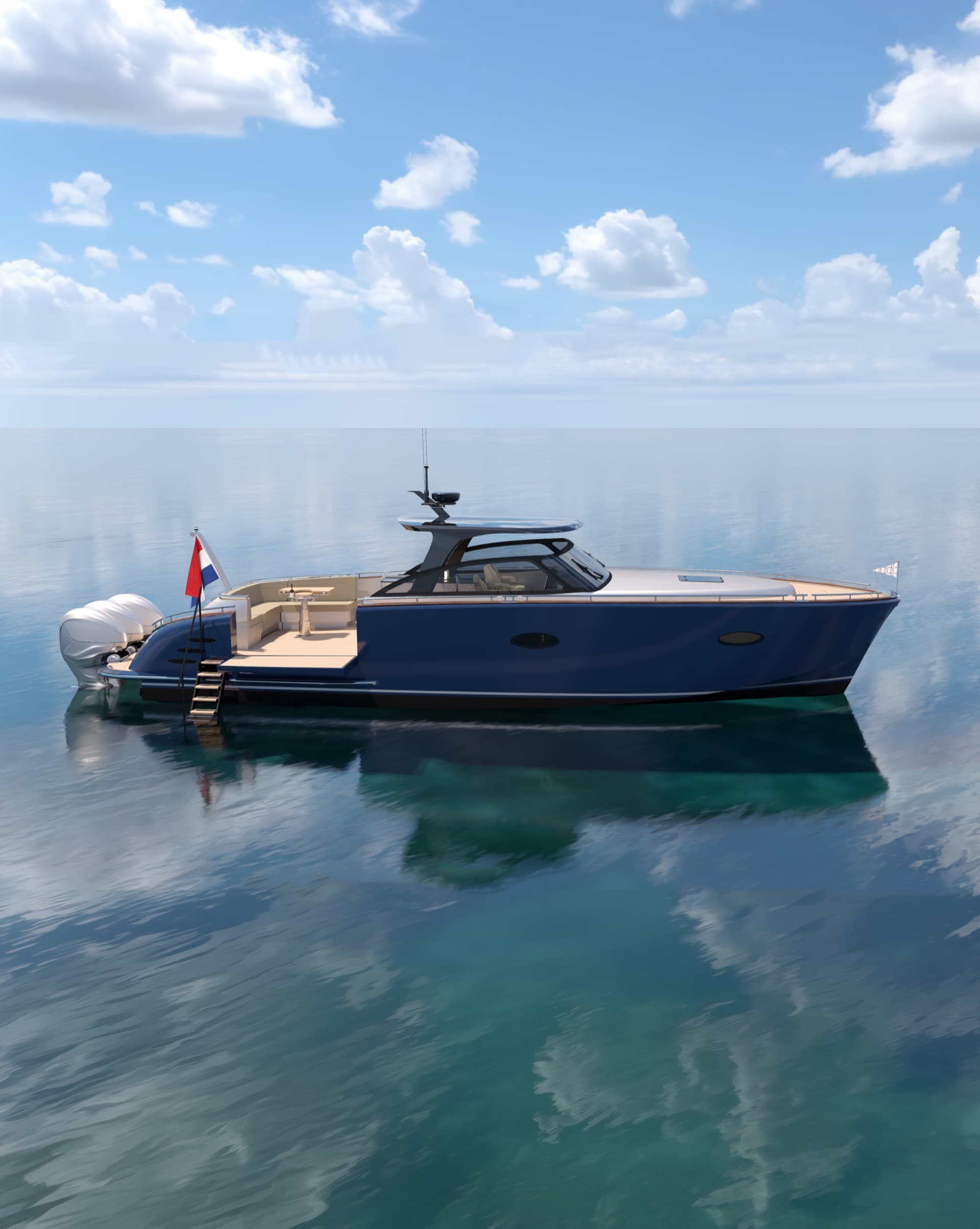 Tristian 44 Outboard in blue, side view