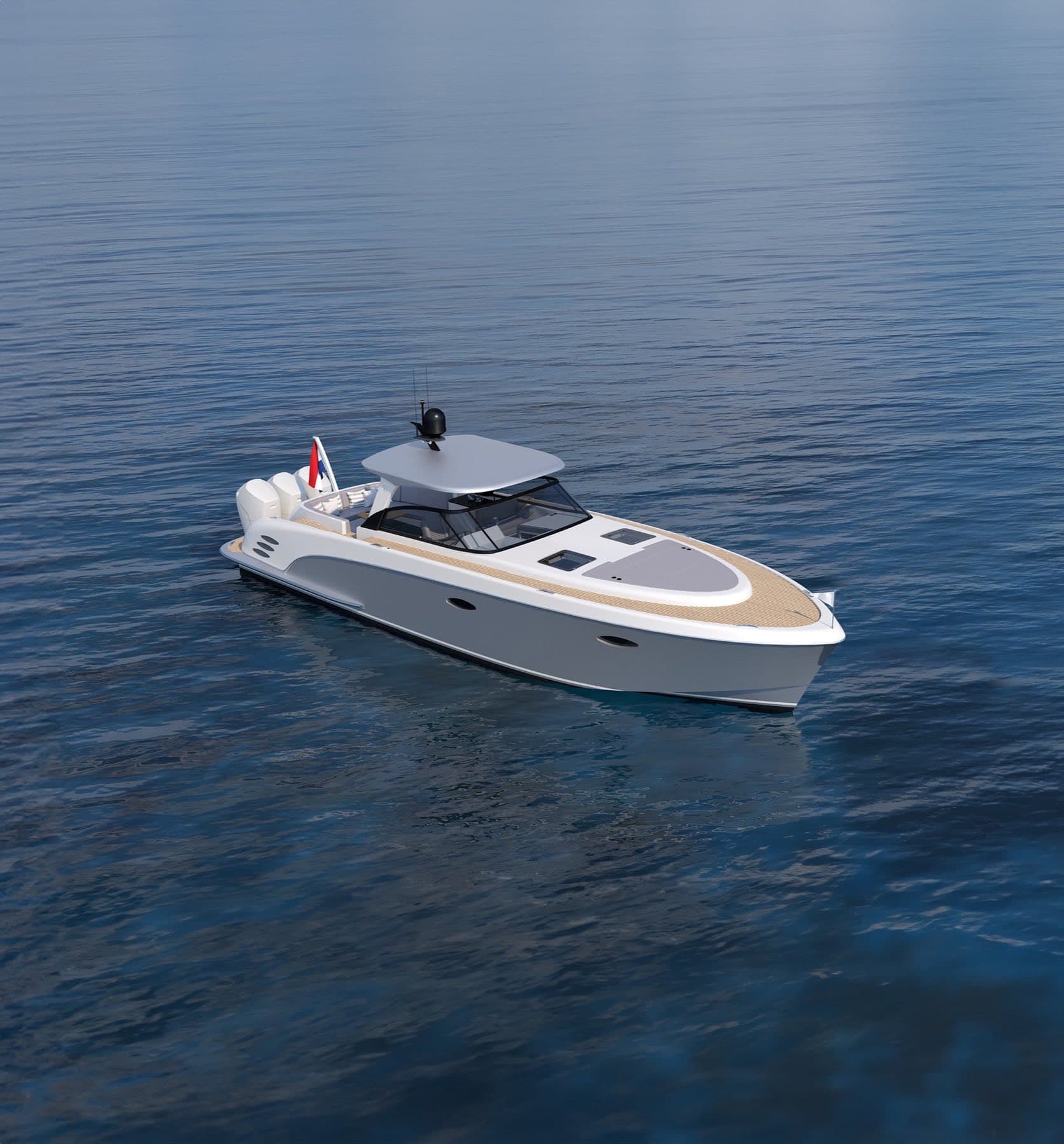 Tristian 44 Outboard from above on open water