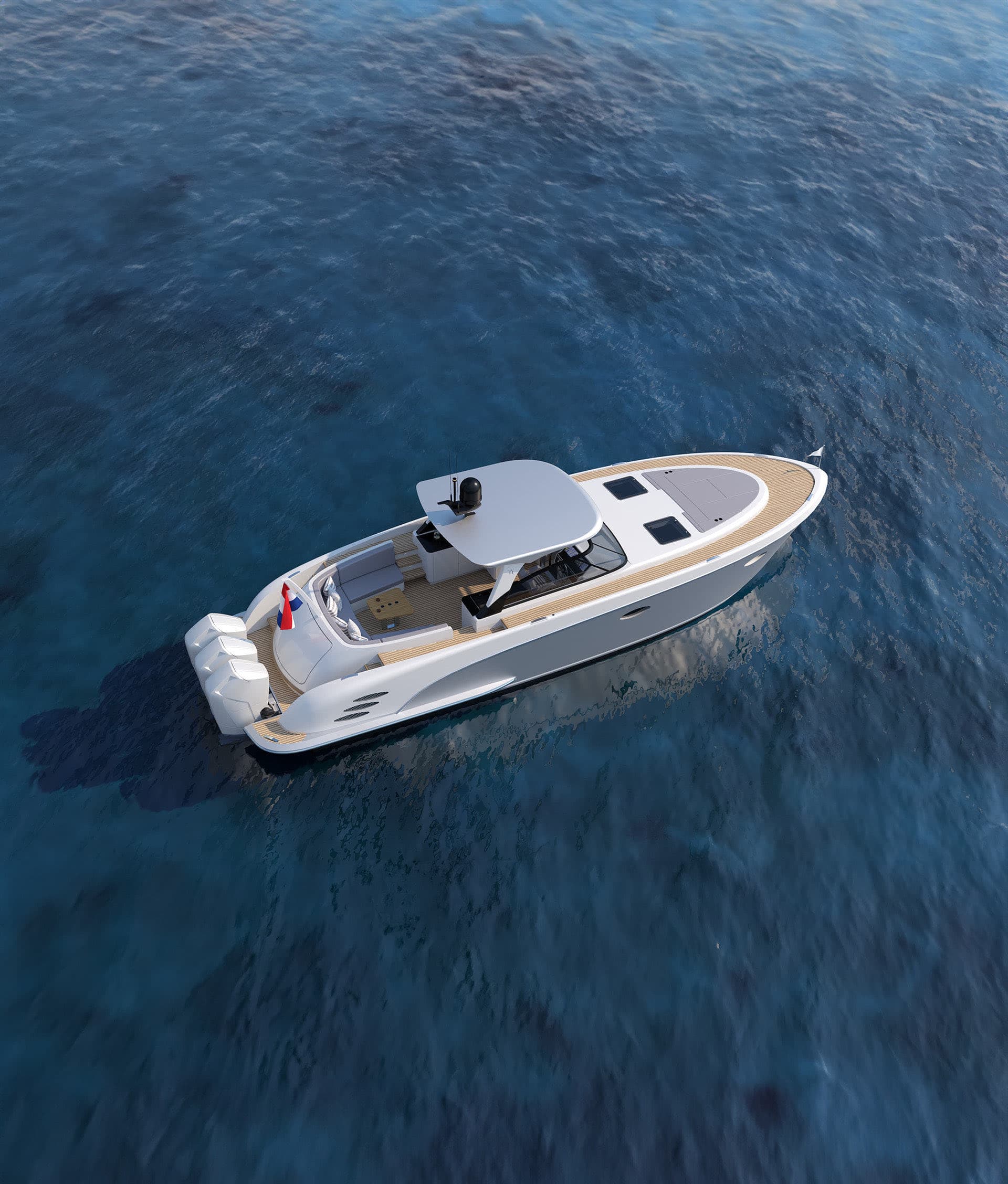 Tristian 44 Outboard from an aerial angle